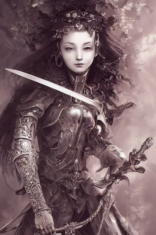 Image similar to A masterpiece ultrarealistic ultradetailed portrait of a divine archangel armored princess knight-witch-ghost with Samurai-Skull Iron mask. baroque renaissance girl in the night forest. medium shot, intricate, elegant, highly detailed. trending on artstation, digital art, by Stanley Artgerm Lau, WLOP, Rossdraws, James Jean, Andrei Riabovitchev, Marc Simonetti, Yoshitaka Amano. background by James Jean and Gustav Klimt, light by Julie Bell, 4k, porcelain skin.