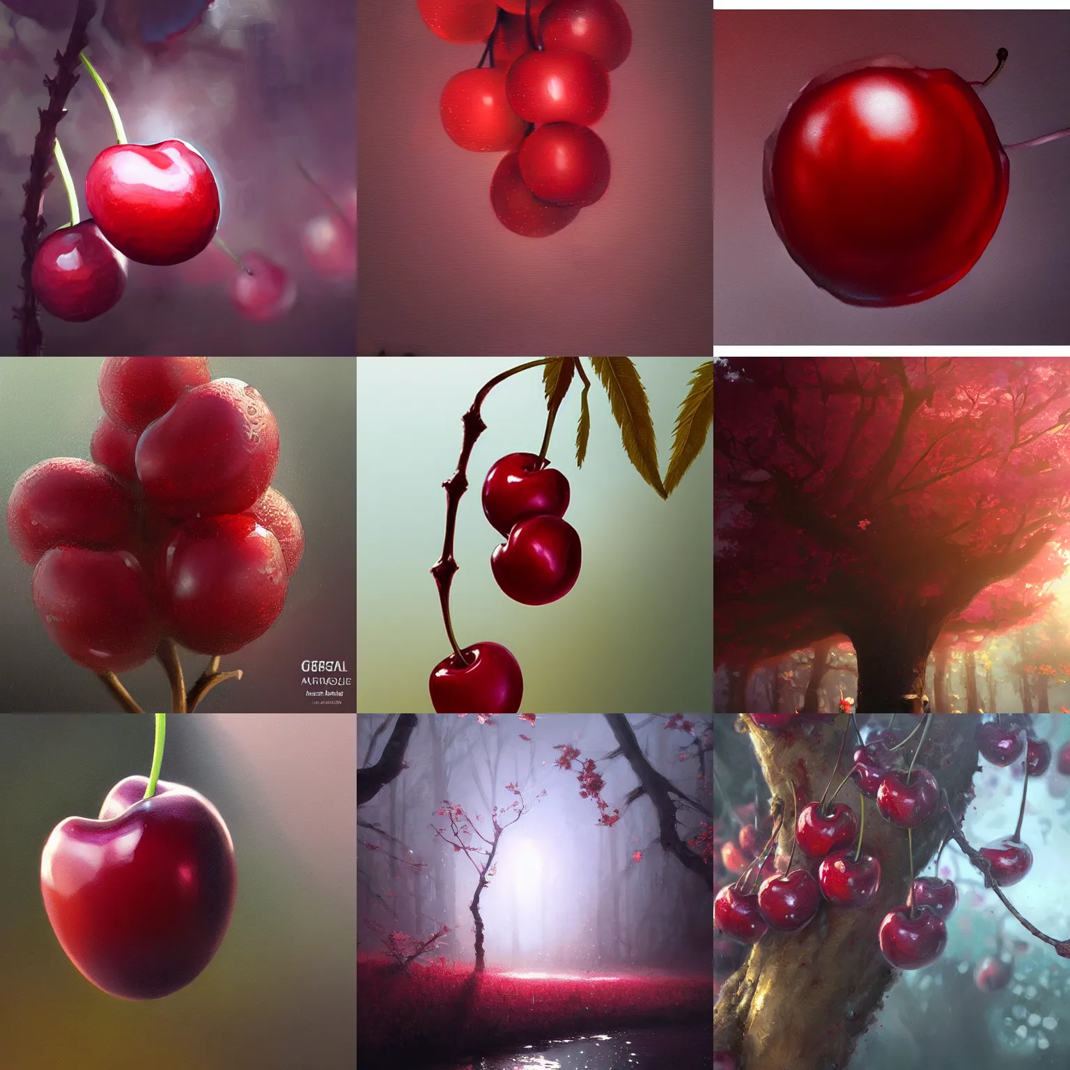 Prompt: beautiful aesthetic inspirational digital oil painting of a close - up cherry, by greg rutkowski, ultra detailed, fine details, trending on artstation, volumetric light.