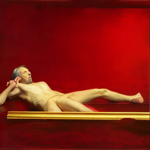 Prompt: Alan Rickman full body laying in a blood red pool of water between a golden mirror frame, outside is space and inside the mirror frame is a beautiful landscape., physically accurate, dynamic lighting, intricate, elegant, highly detailed, very very Roberto Ferri, sharp focus, illustration, art