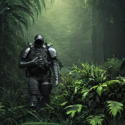 Image similar to a heavily armored man wearing a gasmask, walking through a lush jungle, realistic octane render, ray traced, god rays, extremely high detail