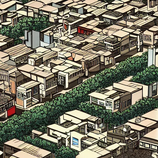 Image similar to japanese town, neighborhood, surreal neighborhood, street view, modern neighborhood, japanese city, underground city, modern city, tokyo - esque town, 2 0 0 1 anime, cel - shading, compact buildings, sepia sunshine