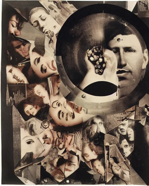 Prompt: Every time I see you falling I get down on my knees and pray, collage, by Raoul Hausmann, Hannah Höch, Robert Rauschenberg