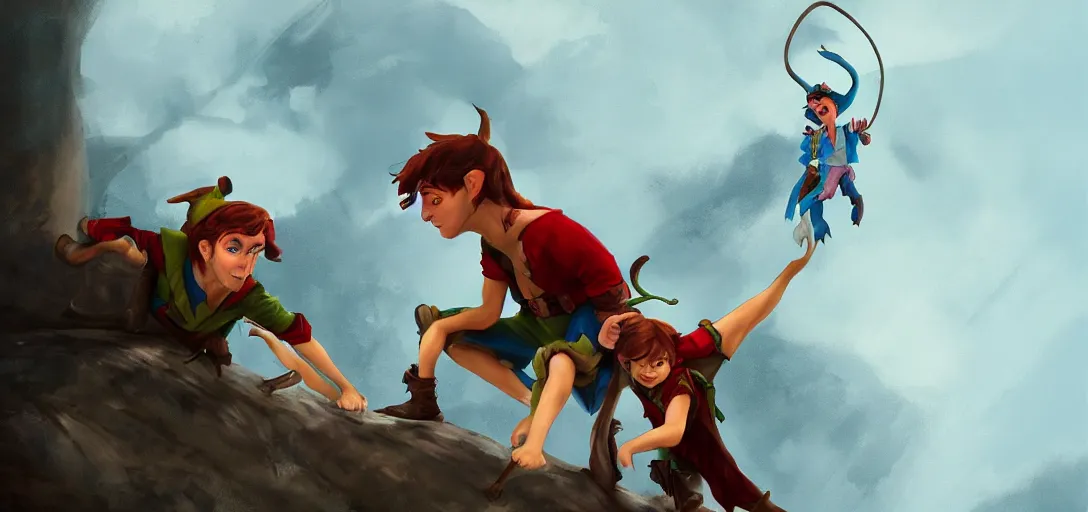 Image similar to peter pan rolling his head on captain hook, artstation