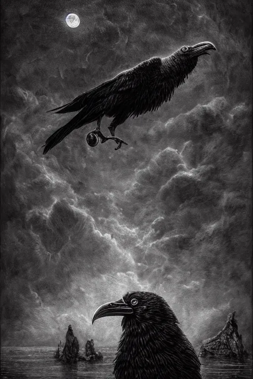 Prompt: Intricate stunning highly detailed surreal ravens by agostino arrivabene and Seb McKinnon, sculpture, ultra realistic, Horror, dramatic lighting, full moon, blood moon, thick black swirling particle smoke tornado, fire embers, trending on artstation