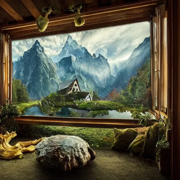 Image similar to fantastical living room with switzerland landscape in the window by marc adamus, beautiful dramatic lighting, overgrown with funghi, style by peter deligdisch, peterdraws