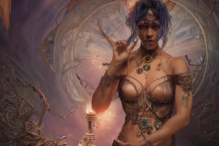 Image similar to ultra realistic tarot illustration of cj miles as a cyber shamanic witch casting am eldritch wizard spell, intricate, elegant, highly detailed, digital painting, artstation, concept art, smooth, sharp focus, illustration, art by artgerm and greg rutkowski and alphonse mucha