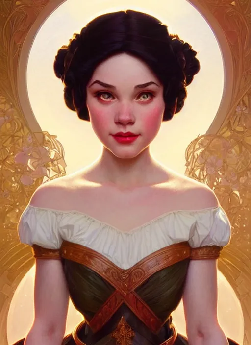 Image similar to portrait of disney snowhite, intricate, elegant, highly detailed, my rendition, digital painting, artstation, concept art, smooth, sharp focus, illustration, art by artgerm and greg rutkowski and alphonse mucha and uang guangjian and gil elvgren and sachin teng, symmetry!!