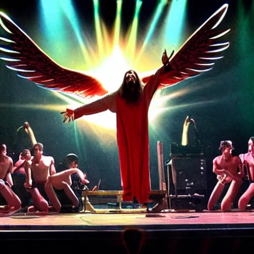 Image similar to Jesus christ, superstar, electric guitar, on stage, wings of flame