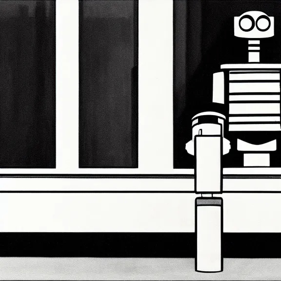 Prompt: illustration of a robot on white background by Edward Hopper, clean lines, close up