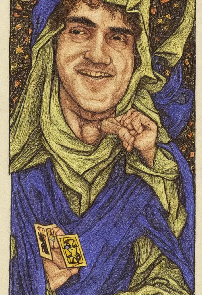 Image similar to Yoshua Bengio smiling drawn on the Tarot card. Illustration by preraphaelists.