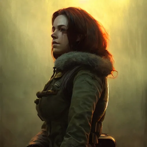 Image similar to fallout 5, charismatic brunette female protagonist, portrait, atmospheric lighting, painted, intricate, volumetric lighting, beautiful, daytime, sunny weather, slight overcast, sharp focus, deep colours, ultra detailed, by leesha hannigan, ross tran, thierry doizon, kai carpenter, ignacio fernandez rios