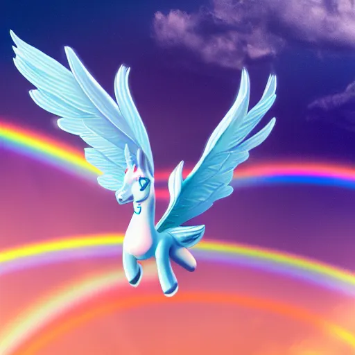 Prompt: Photograph of a Alicorn flying in the sky, blue eyes, white body, rainbow wings, rainbow horn, trending on artstation, ultrarealistic, 8k