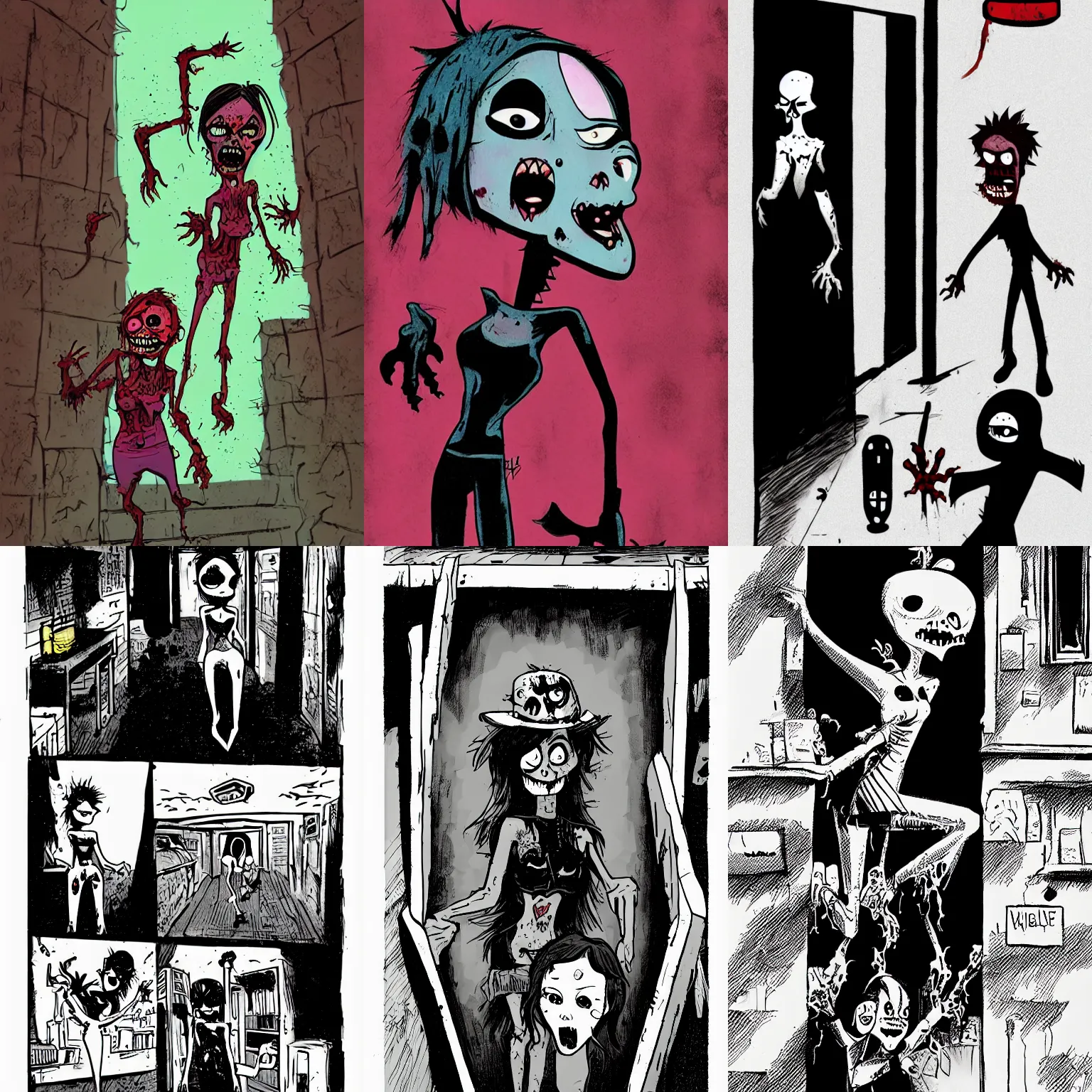 Prompt: zombie girl coming out of a dark hallway, cartoon, by jamie hewlett and genndy tartakovsky