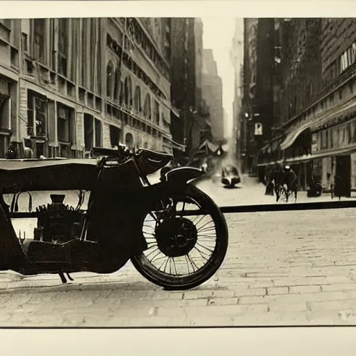 Image similar to old black and white photo, 1 9 1 3, depicting batman on a motorcycle from dark knight racing through the bustling streets of new york city, rule of thirds, three - point perspective, historical record