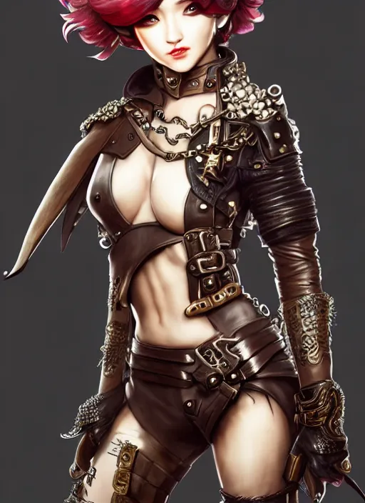 Prompt: rogue, fantasy ornate leather bandit outfit!!! beautiful and athletic short hair female!! gorgeous face and eyes!! character concept art, sharp focus, octane render! unreal engine 5! highly rendered!! trending on artstation!! detailed linework!! illustration by wlop, chie yoshii, and artgerm