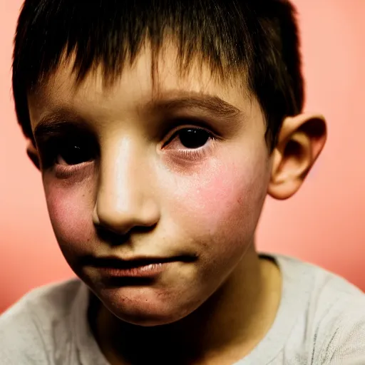 Image similar to closeup portrait of 8 year old boy, thick lips, hot pink skin, thin eyebrows, short light brown hair, facebook post, black background