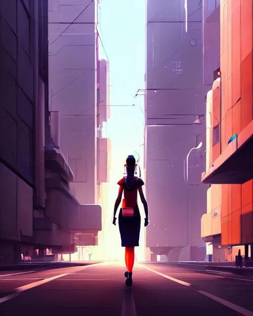 Prompt: a woman walking down a street next to tall buildings, cyberpunk art by goro fujita, cgsociety, photorealism, speedpainting, artstation hq, artstation hd