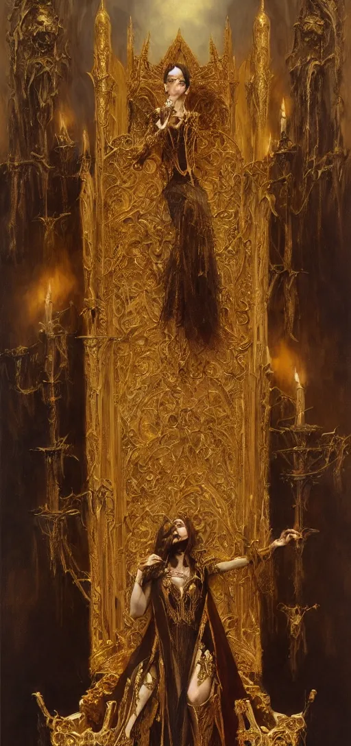 Image similar to full body portrait of beautiful vampire queen in gold gothic robe sitting on a throne of bones, elegant, highly detailed painting by gaston bussiere, craig mullins, j. c. leyendecker, 8 k, mid shot