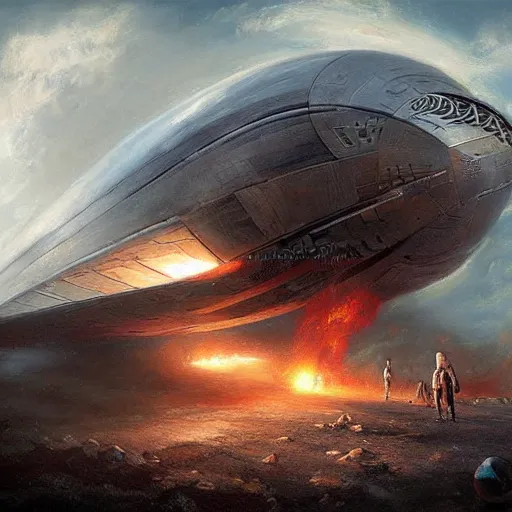 Prompt: a spaceship, stuck in the ground, the spaceship is on fire, smoke, hard rainstorm, angry, kinetic, artgerm and tom bagshaw, highly detailed oil painting,