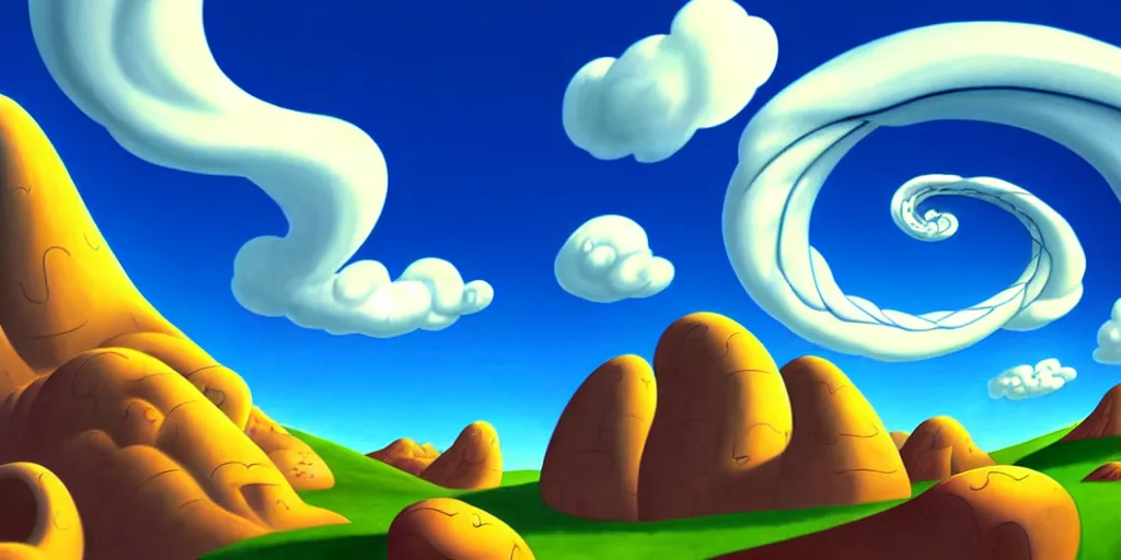 Image similar to cartoon concept art, clean blue sky, spiral clouds, from sam and max, from the hortons