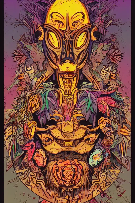 Image similar to animal mask totem roots flower tribal feather gemstone plant wood rock shaman vodoo video game vector cutout illustration vivid multicolor borderlands comics by josan gonzales and dan mumford radiating a glowing aura