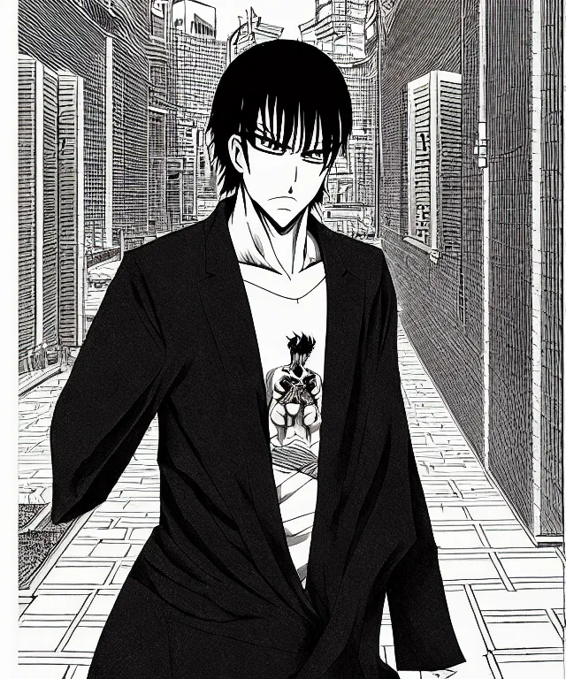 Image similar to A manga cover about a shaved-headed scarred solo yakuza standing on the sidewalk in riyadh city saudi arabia. Sharp high quality manga cover, fine details, straight lines, architecture in the background, masterpiece, art, highly detailed drawing by Hirohiko Araki, Akatsuki Akira, Kentaro Miura