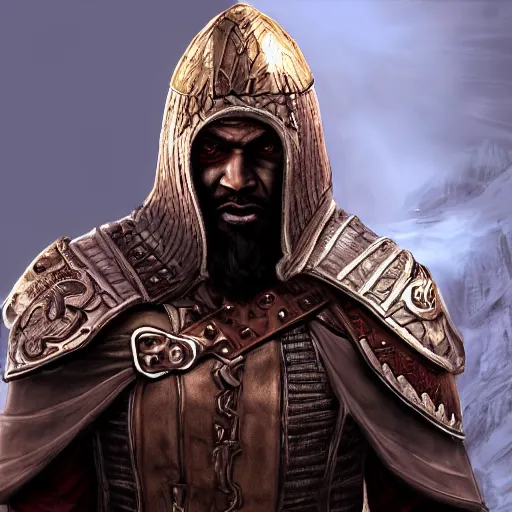 Prompt: unknown the elder scrolls vi redguard character portrait partially clothed in hooded metal - plated battle armor with atmospheric lighting painted intricate volume