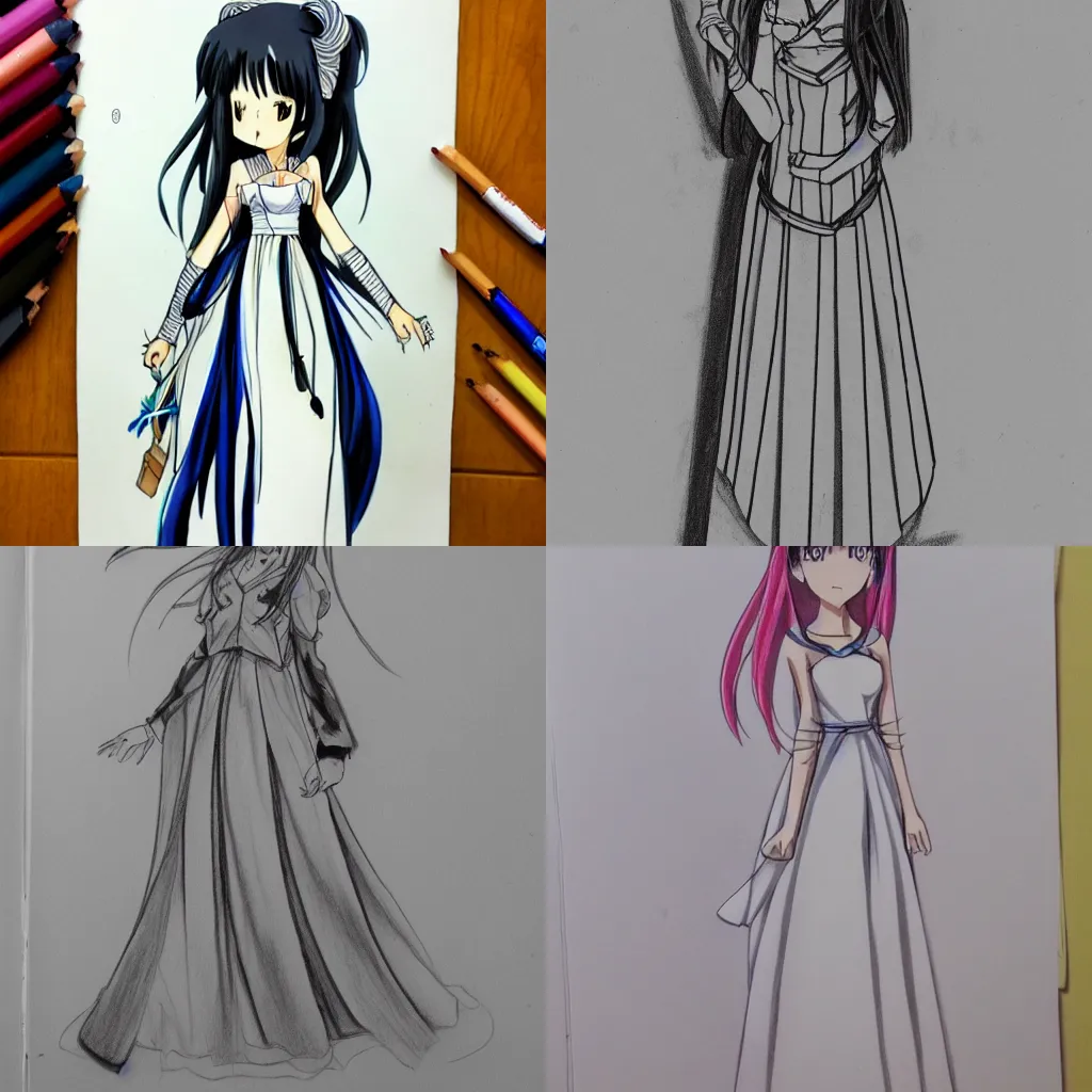 Prompt: drawing of an anime girl wearing a long dress