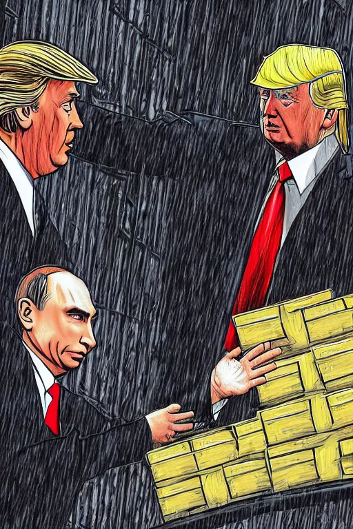 Image similar to digital art of donald trump buying drugs from vladimir putin in a dark raining city alleyway