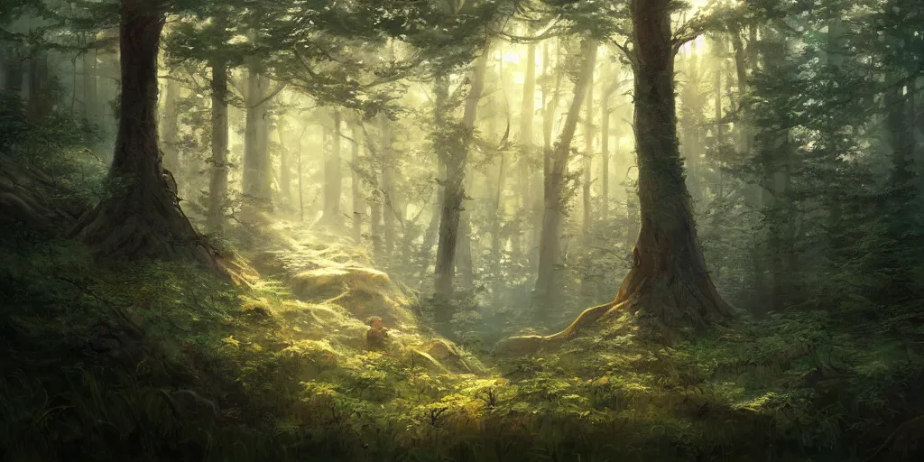 Image similar to a forest, highly detailed oil painting, hyperrealism, perfect lighting, Studio Ghibli, Jessica Rossier, digital art, octane render, beautiful composition, trending on artstation, masterpiece