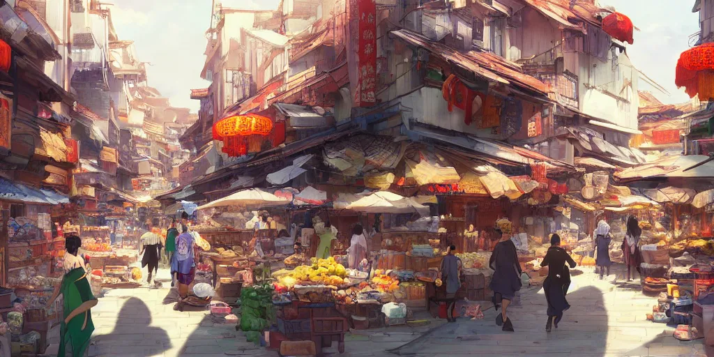 Prompt: Concept art by Makoto Shinkai of a lively, full of life market with merchants spread along an alley full with human activities, Chinese old city, Chinese shophouses, vivid, sunny.