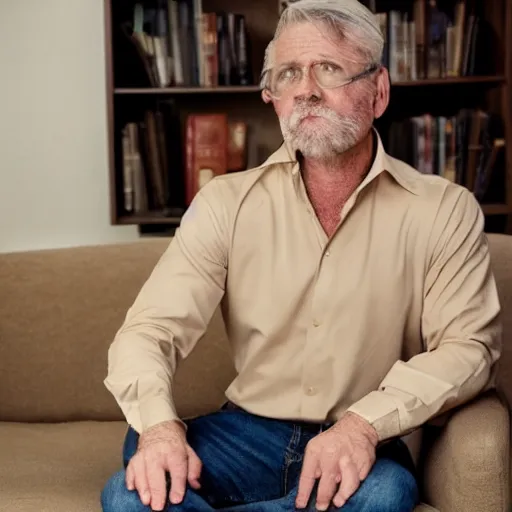 Prompt: full body photo of steve, mature male, mysterious face. he is a doctor. he is sitting gracefully on a sofa, elegant slim beige shirt. he has stately tummy