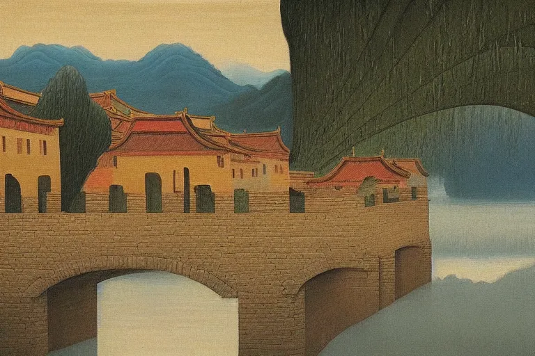 Prompt: masterpiece painting of in the rain beijing houses bridge river mysterious and serene landscape, clouds, by a. j. casson