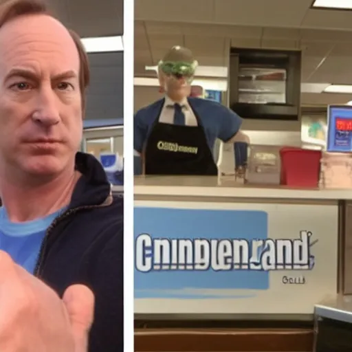 Prompt: gene ( bob odenkirk ) working at cinnabon, better call saul