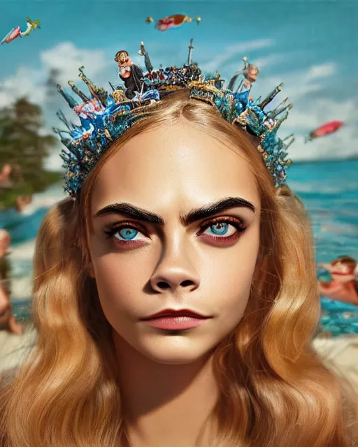 Image similar to closeup face profile portrait of cara delevingne as a tin toy swim champ, bikini, depth of field, zeiss lens, detailed and intricate environment, fashion photoshoot by nicoletta ceccoli, mark ryden, lostfish, breathtaking, 8 k resolution, artistic, hyperrealistic, octane render