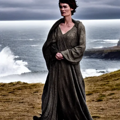 Prompt: full body photograph of Lena Headey as Helen of Troy, very beautiful, alluring expression, windy, coast in the background, dark sky, dramatic lighting