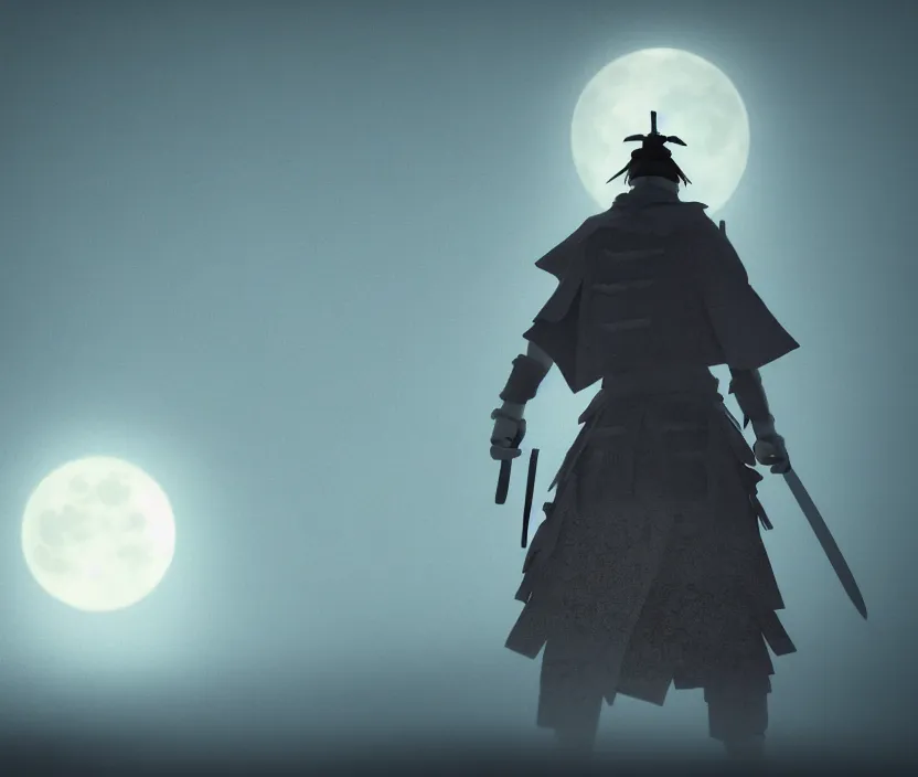 Image similar to '2d design graphic a samurai in the night ,big white moon background , gloomy and foggy atmosphere, octane render, artstation trending, horror scene, highly detailded'