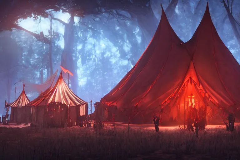 Prompt: render of a dark fantasy gothic circus tent, artstaton, League of Legends, red dead redemption2, overwatch, digital illustration