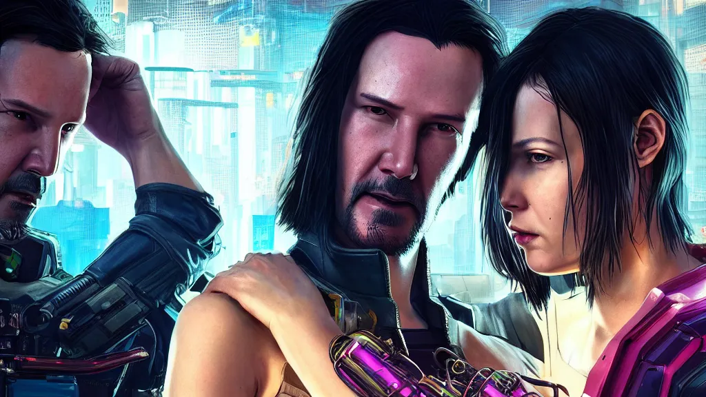 Image similar to a cyberpunk 2077 srcreenshot couple portrait of Keanu Reeves female android in love,film lighting,by Laurie Greasley,Lawrence Alma-Tadema,Dan Mumford,John Wick,Speed,Replicas,artstation,deviantart,FAN ART,full of color,Digital painting,face enhance,highly detailed,8K,octane,golden ratio,cinematic lighting