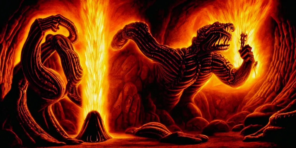 Image similar to giant balrog running through a great hall towards the camera, columns along both sides of the great hall in moria, balrog is breathing fire, style of h. r. giger, dark, cinematic