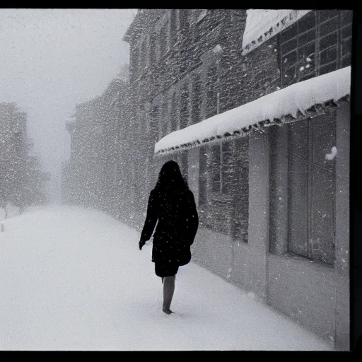 Image similar to girl walking through a blizzard, 8 0 mm film