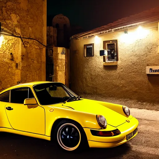 Prompt: Photo of a copper yellow Porsche 911 Carrera 3.2 parked in front of a cafe in Cyprus, night, moonlit, dramatic lighting, award winning, highly detailed