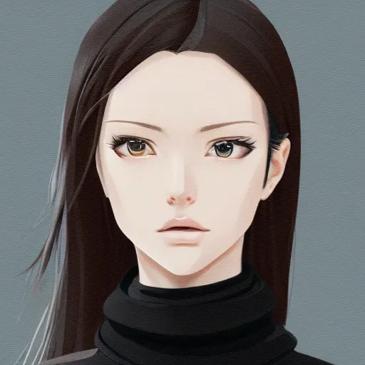 Prompt: anime girl in black turtleneck, brown coat, elegant, 2d, ultra highly detailed, digital painting, smooth, sharp focus, artstation, portrait art by Ilya Kuvshinov