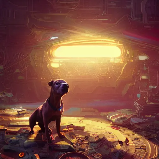 Image similar to an amazing portrait of a cute mad solarpunk pitbull. intricate, epic lighting, cinematic composition, hyper realistic, 8 k resolution, unreal engine 5, by artgerm, tooth wu, dan mumford, beeple, wlop, rossdraws, james jean, marc simonetti, artstation