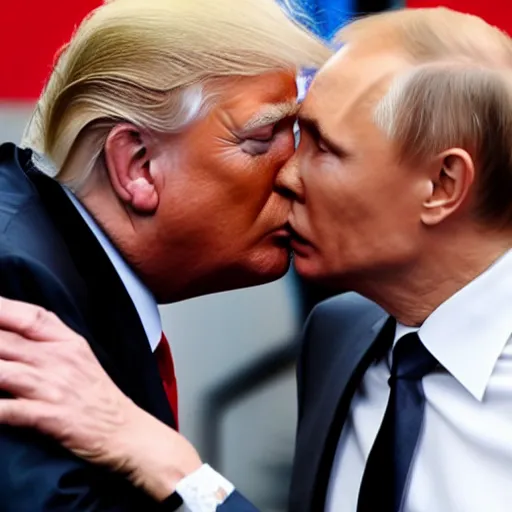 Prompt: vladimir putin and donald trump kissing