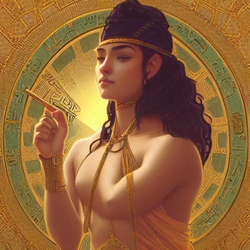 Prompt: portrait of egyptian sun god, intricate, elegant, highly detailed, digital painting, artstation, concept art, smooth, sharp focus, illustration, art by artgerm and greg rutkowski and alphonse mucha and william - adolphe bouguereau