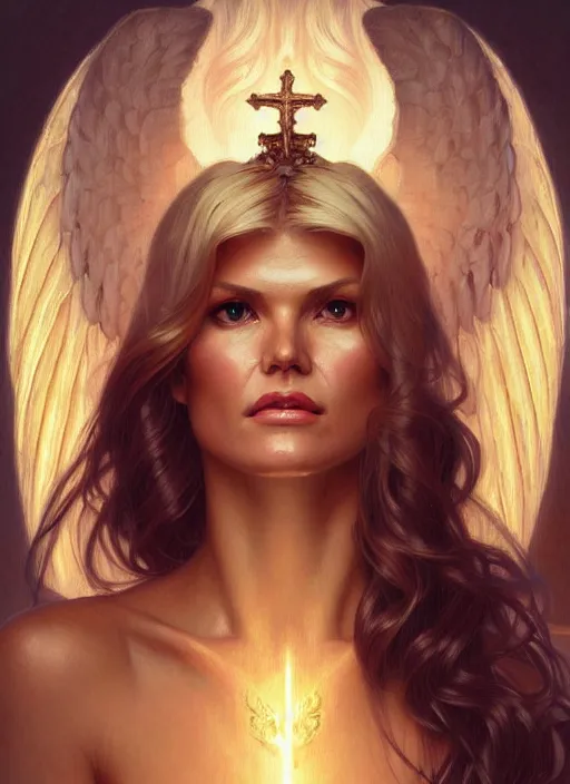 Image similar to portrait of victoria silvstedt as an angel, bible, katholic, intricate, headshot, highly detailed, digital painting, artstation, concept art, sharp focus, cinematic lighting, illustration, art by artgerm and greg rutkowski, alphonse mucha, cgsociety