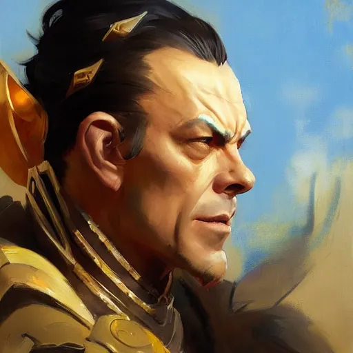 Image similar to greg manchess portrait painting of elrond as overwatch character, medium shot, asymmetrical, profile picture, organic painting, sunny day, matte painting, bold shapes, hard edges, street art, trending on artstation, by huang guangjian and gil elvgren and sachin teng