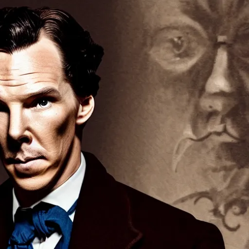 Prompt: a photo of benedict cumberbatch dressed as sherlock holmes investigating who the fuck farted, grim facial expression, high medieval fantasy, full color digital art, cinematic shot, portrait, wide shot.
