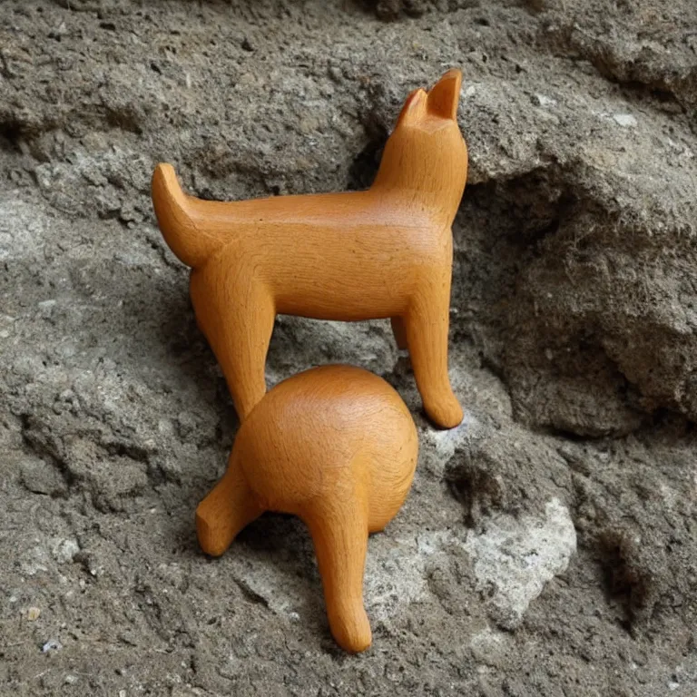 Prompt: shiba inu wooden figurine found in a prehistoric cave